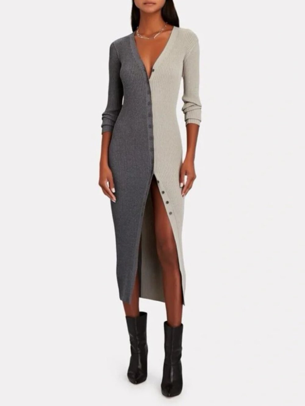 Staud Shoko Colorblock Body-Con Sweater Dress Grey XL